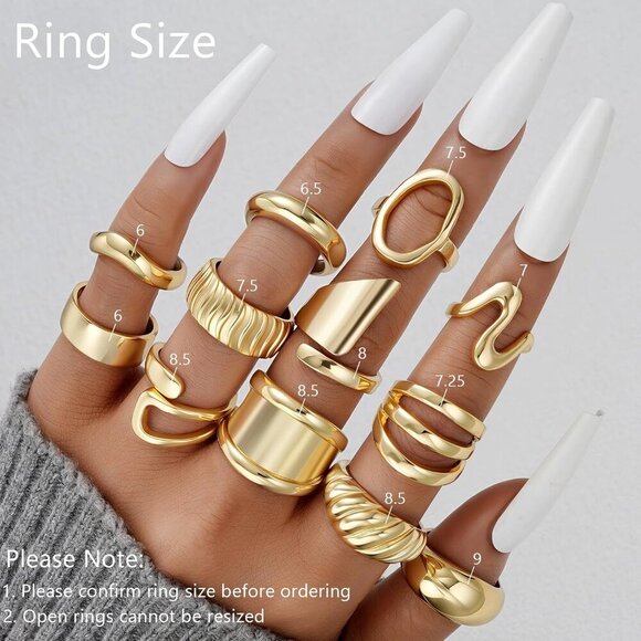 12 PCS Chunky Gold Rings for Women Non Tarnish, 18K Gold Plated Statement Open S - Picture 2 of 6